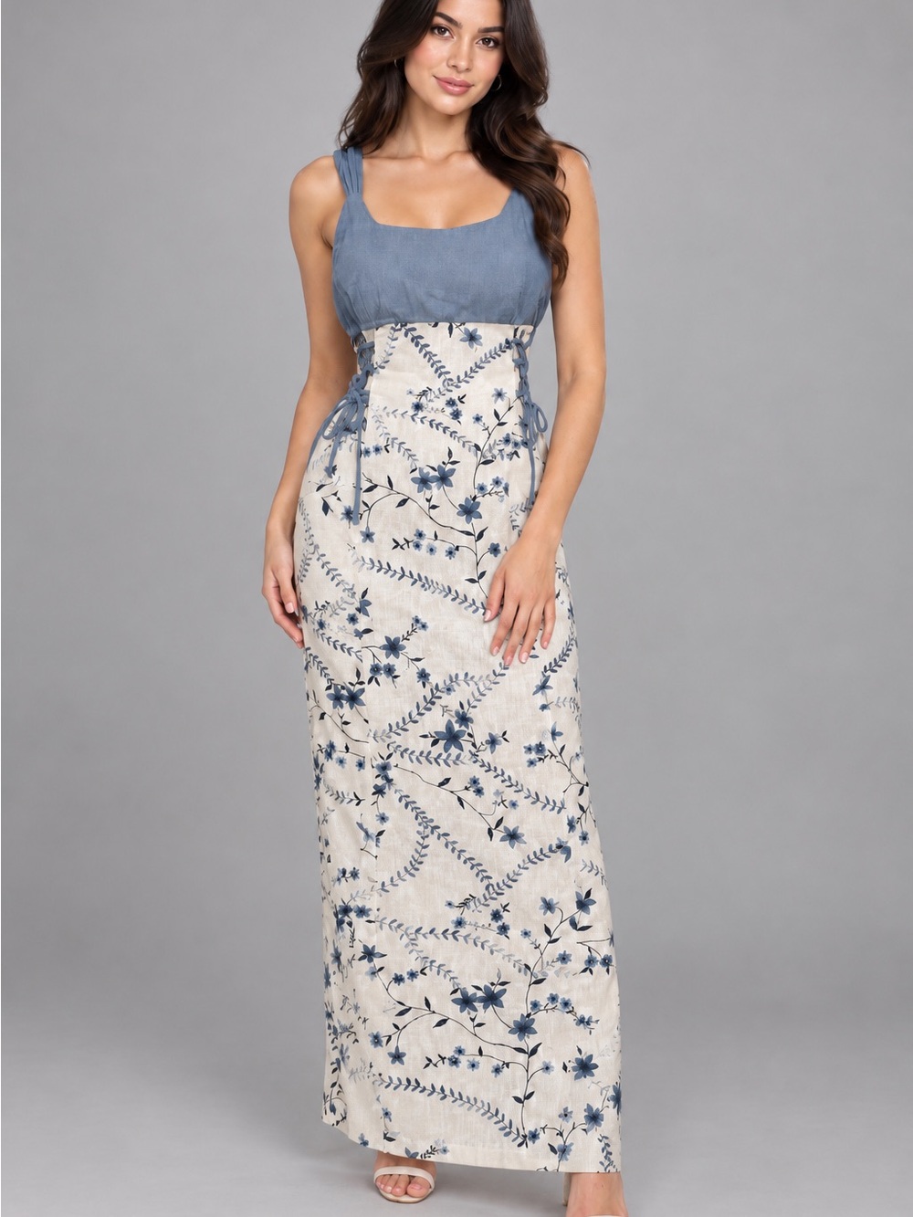 Blue Floral Linen-Blend Maxi dress